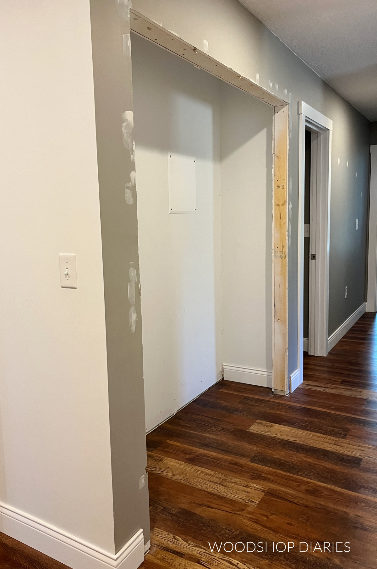 hallway closet demoed to framing and drywall--door opening exposed