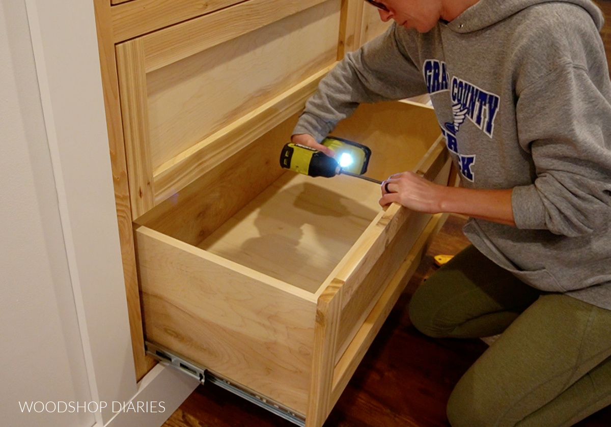Shara Woodshop Diaries installing face frame onto drawer boxes in built in closet cabinets