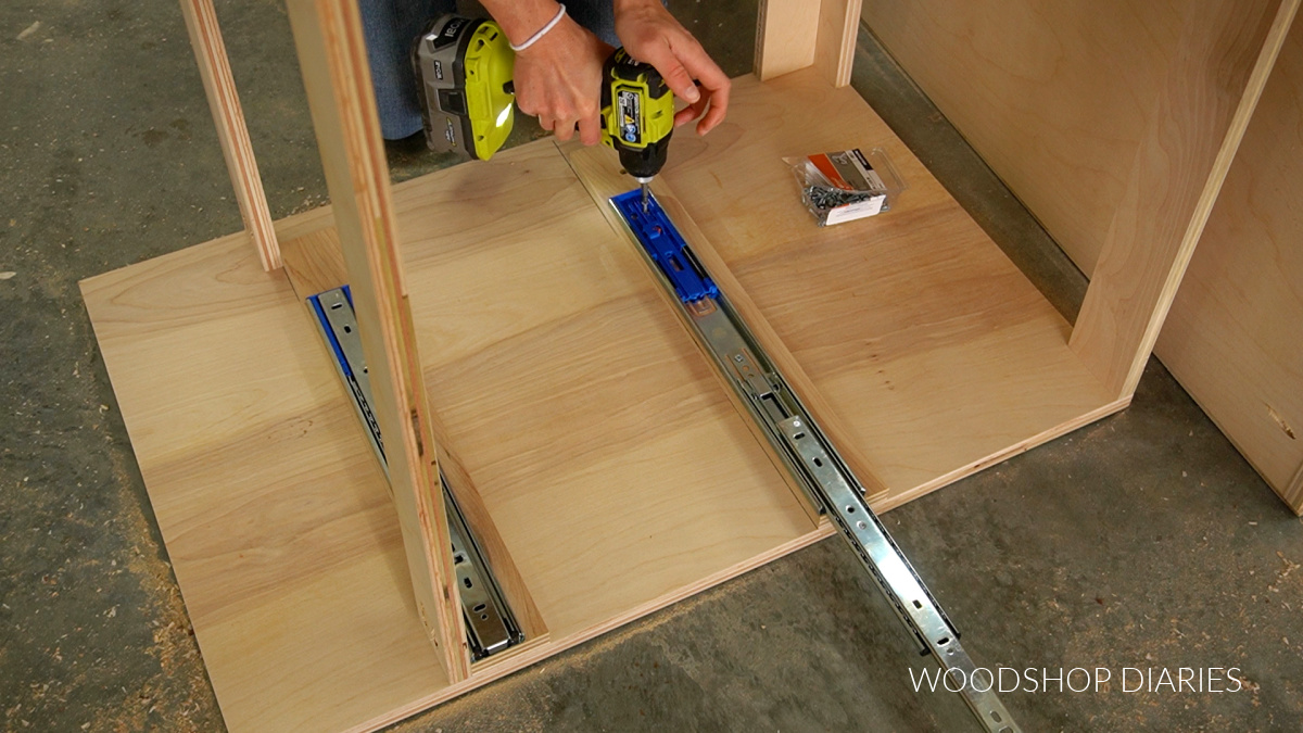 Installing drawer slides into drawer cabinet on side panels