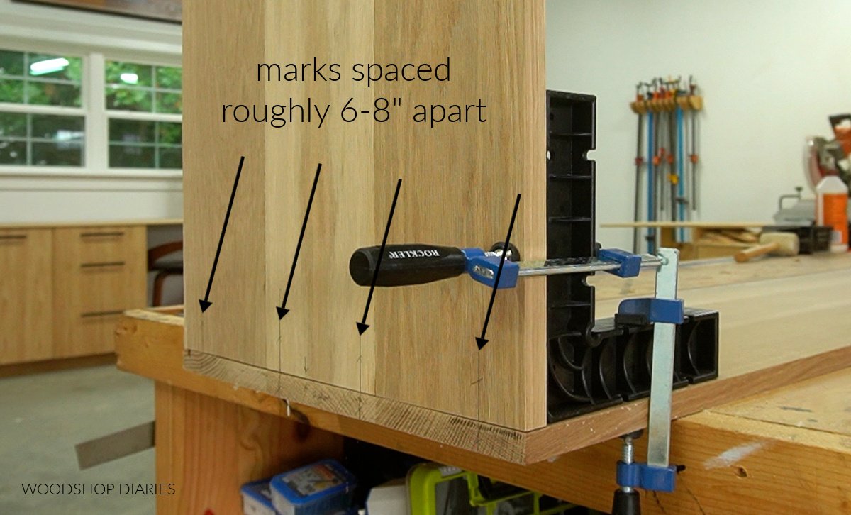 Dowel marks on cabinet panel top and sides showing 6-8" apart