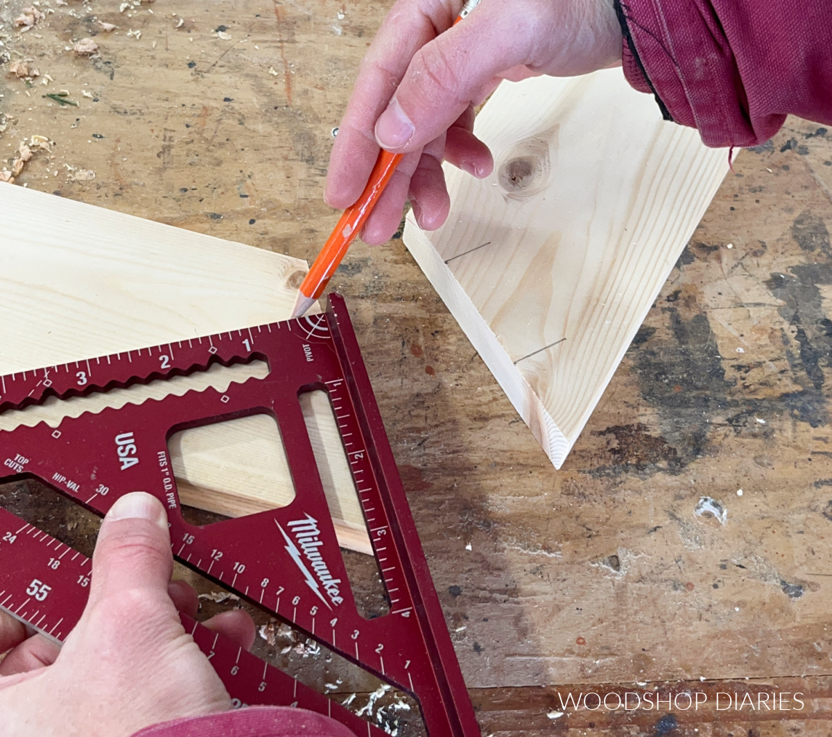 Shara Woodshop Diaries drawing square line to board end for dowel location