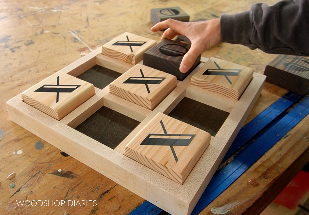 Tic Tac Toe Xs and Os--Os stained and Xs left natural color placing inside wooden tray