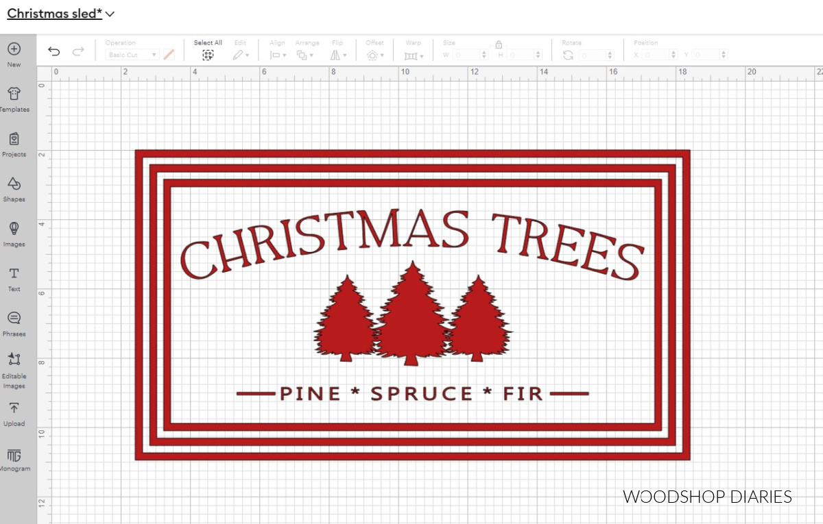 Screenshot of Cricut Design Space wooden sled design 