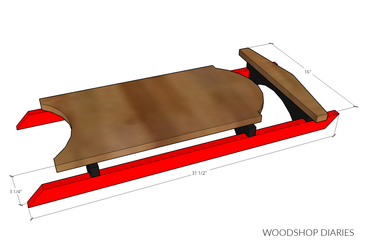 Diagram showing overall dimensions of wooden sled