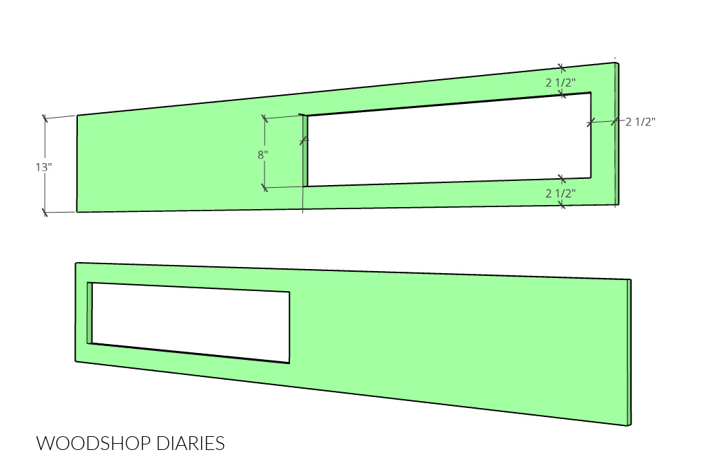 Diagram showing cut outs on storage bed side rails for drawer opening