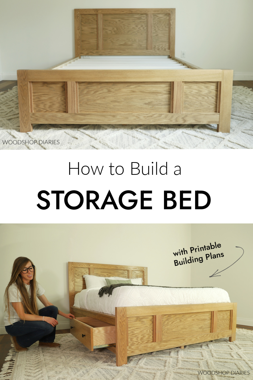 Pinterest collage image showing completed bed with drawers at top without mattress and finished storage bed at bottom with drawer open with text "how to build a storage bed"