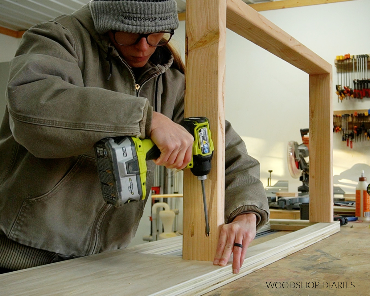 Shara Woodshop Diaries assembling drawer framing onto side rail with pocket holes and screws