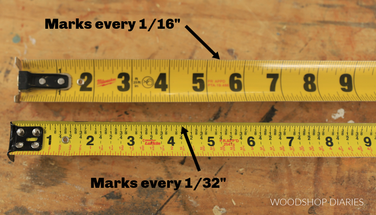 Two tape measures extended on workbench--one showing tick marks every 1/16" and one showing every 1/32"