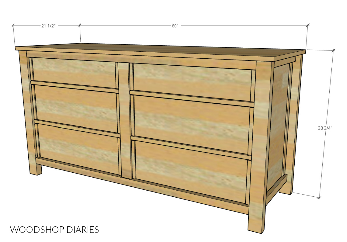 Overall dimensional diagram of simple dresser build--60" wide, 21 ½" deep, 30 ¾" tall