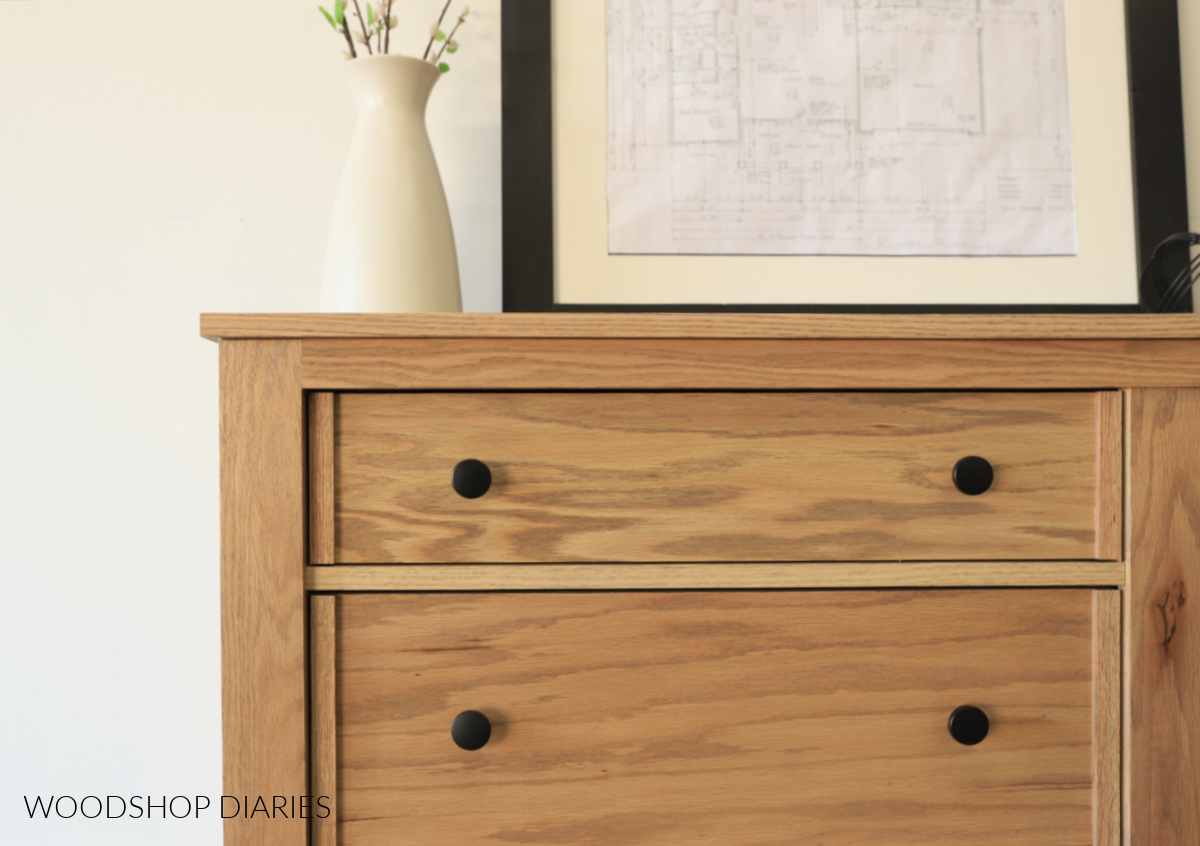 Close up of completed DIY 6 drawer dresser build looking at top left drawer front