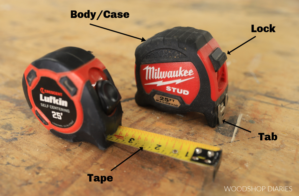 Two tape measures on workbench with arrows pointing to the body, lock, tab, and tape parts to identify them