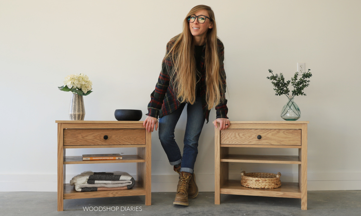 Shara Woodshop Diaries between two red oak nightstands in Weathered Oak stain