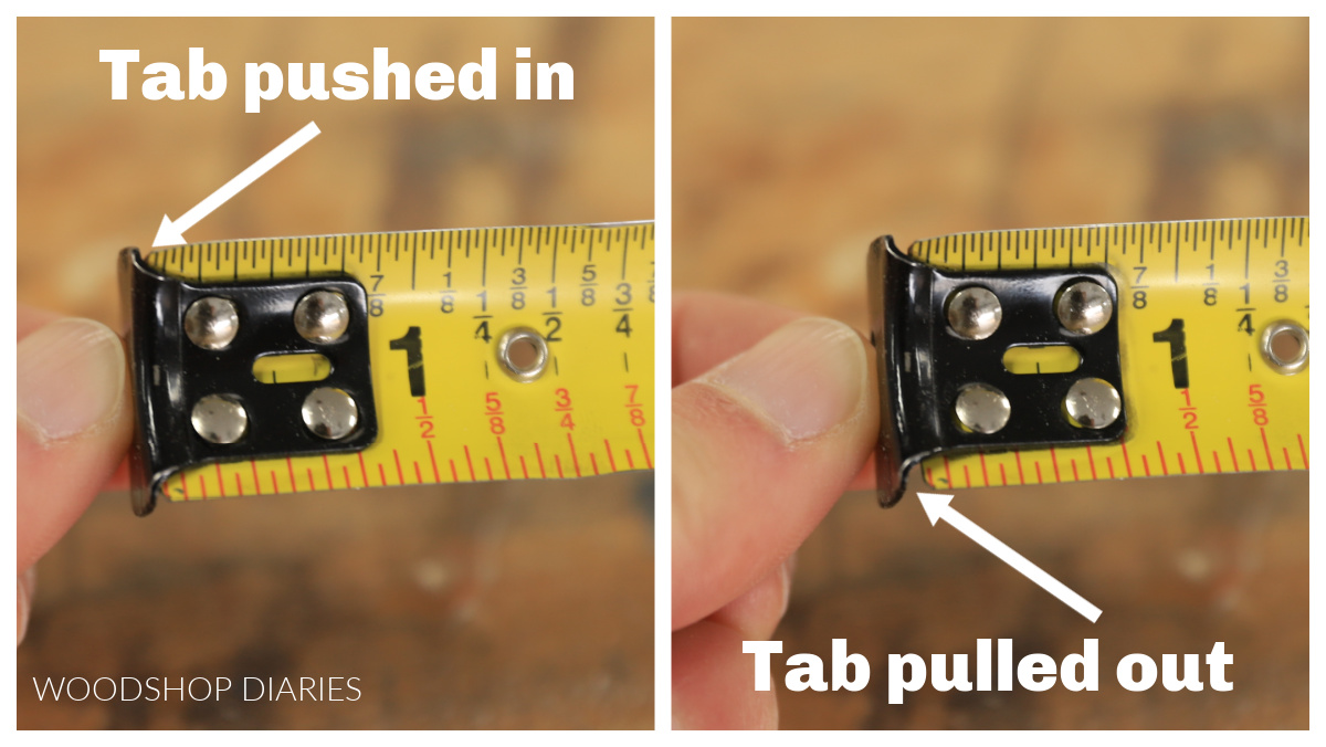 Collage image showing tape measure tab pulled out vs tab pushed in