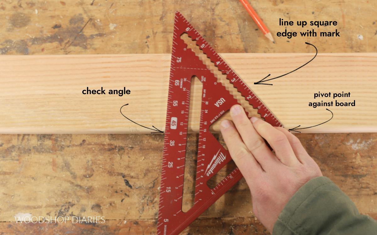 square on 2x4 showing how to find an angle by lining it up with a marked line