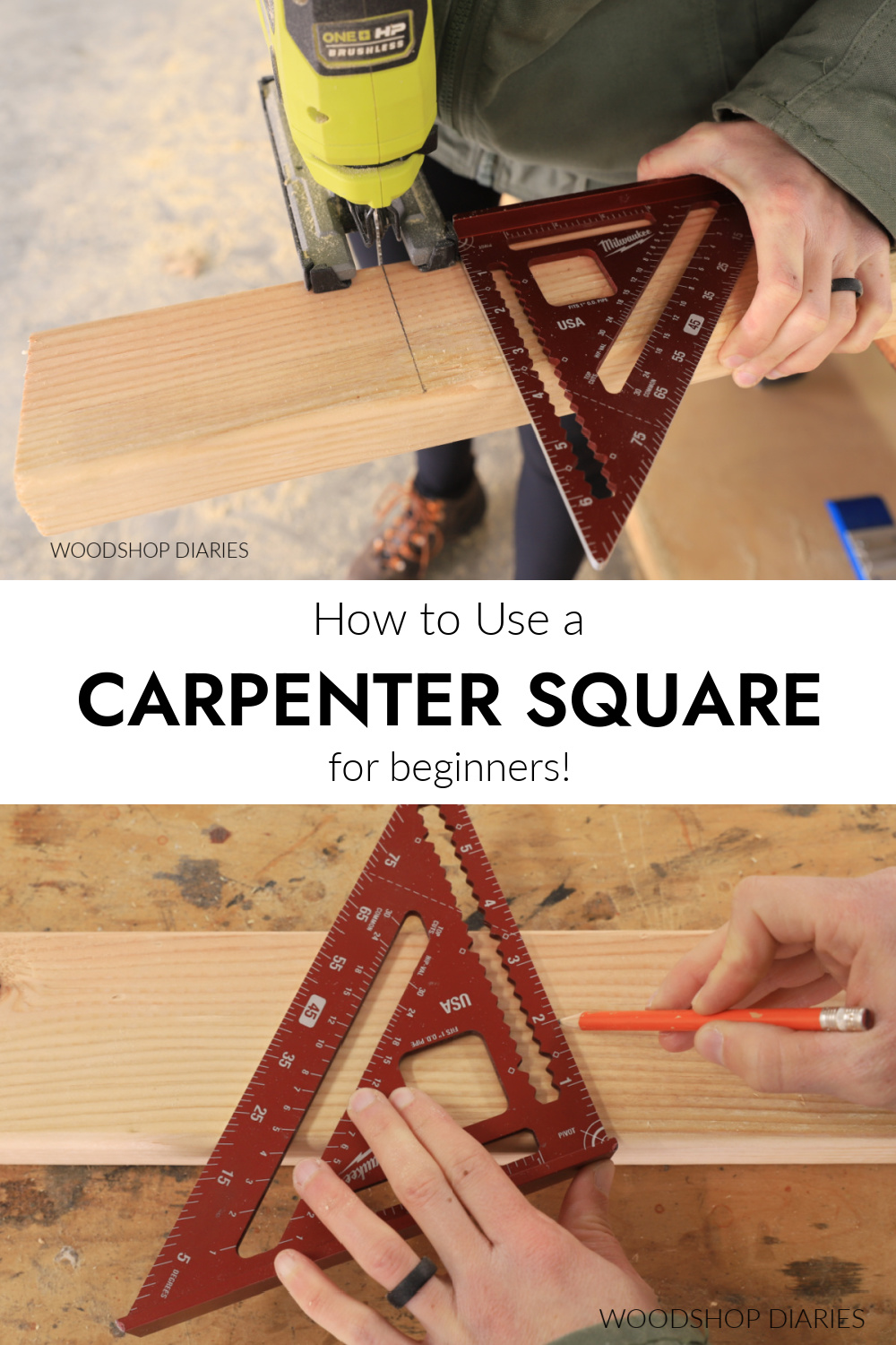 Pinterest collage image showing using square as cutting guide at top and drawing an angle at bottom with text "how to use a carpenter square for beginners"