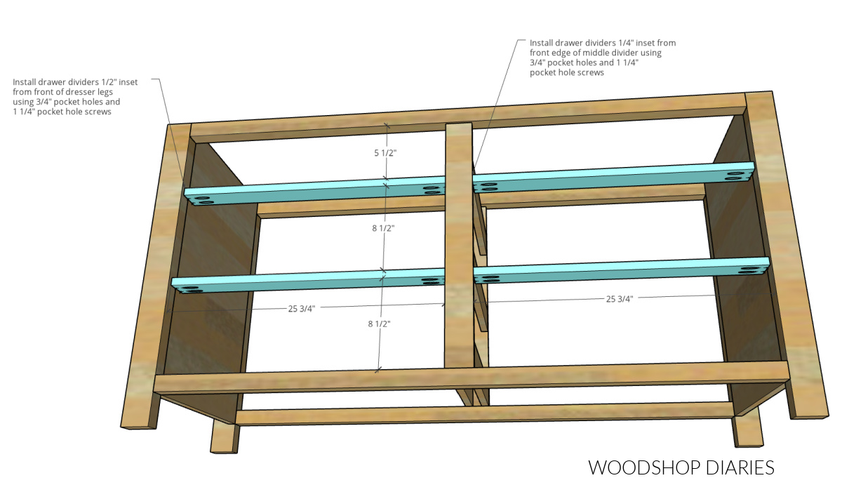 Dresser drawer dividers diagram showing installation locations