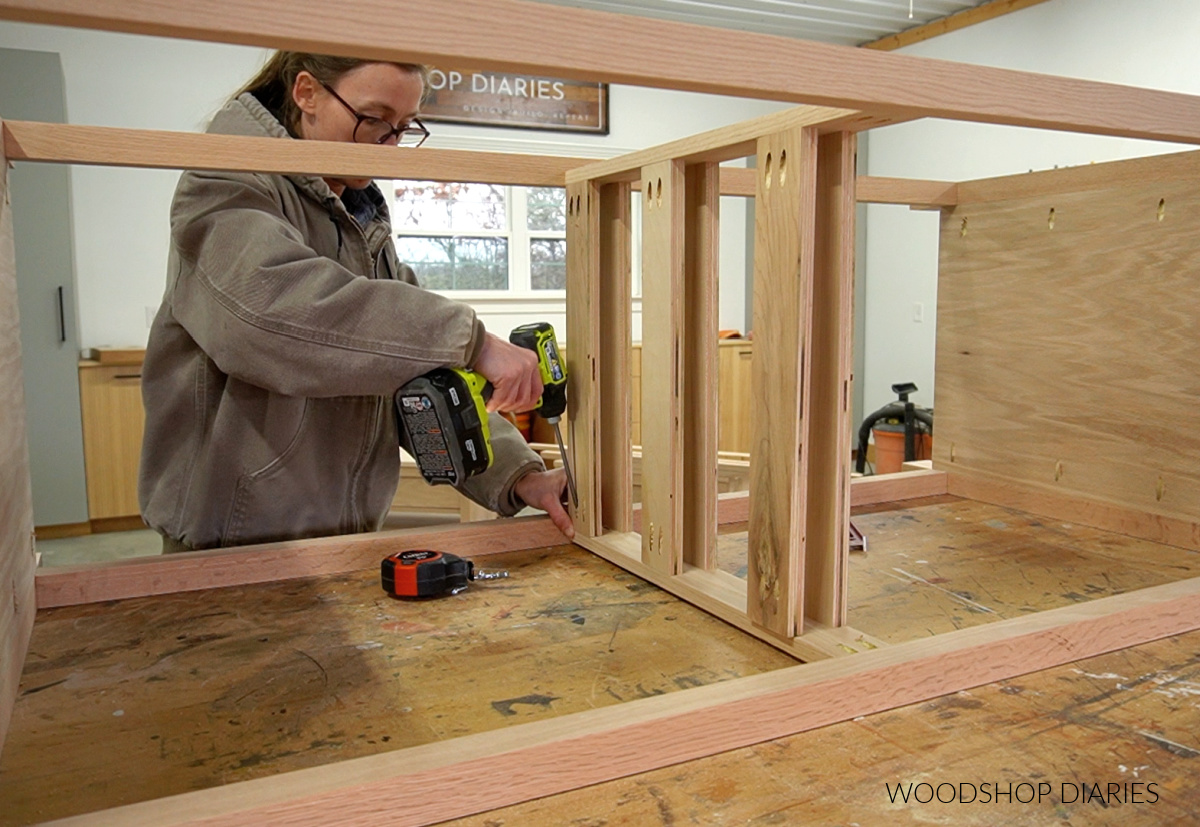 Shara Woodshop Diaries installing dresser drawer runner strips to mount drawer slides onto