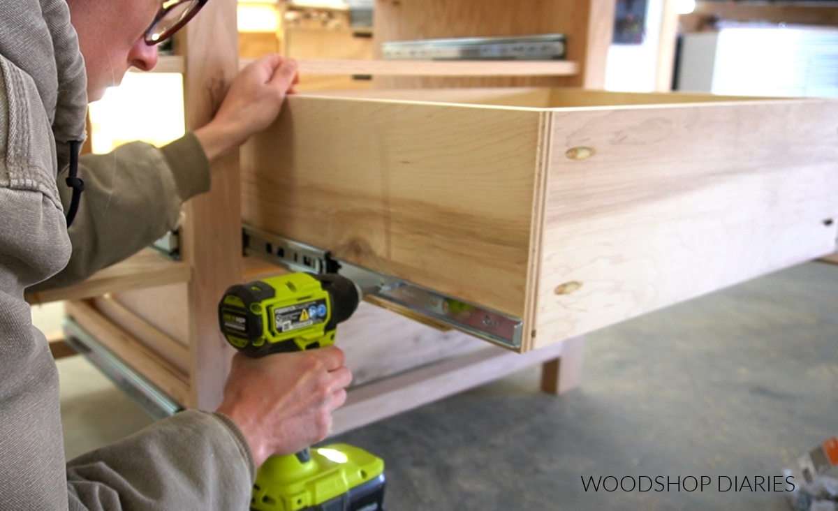 Shara Woodshop Diaries installing dresser drawers onto drawer slides