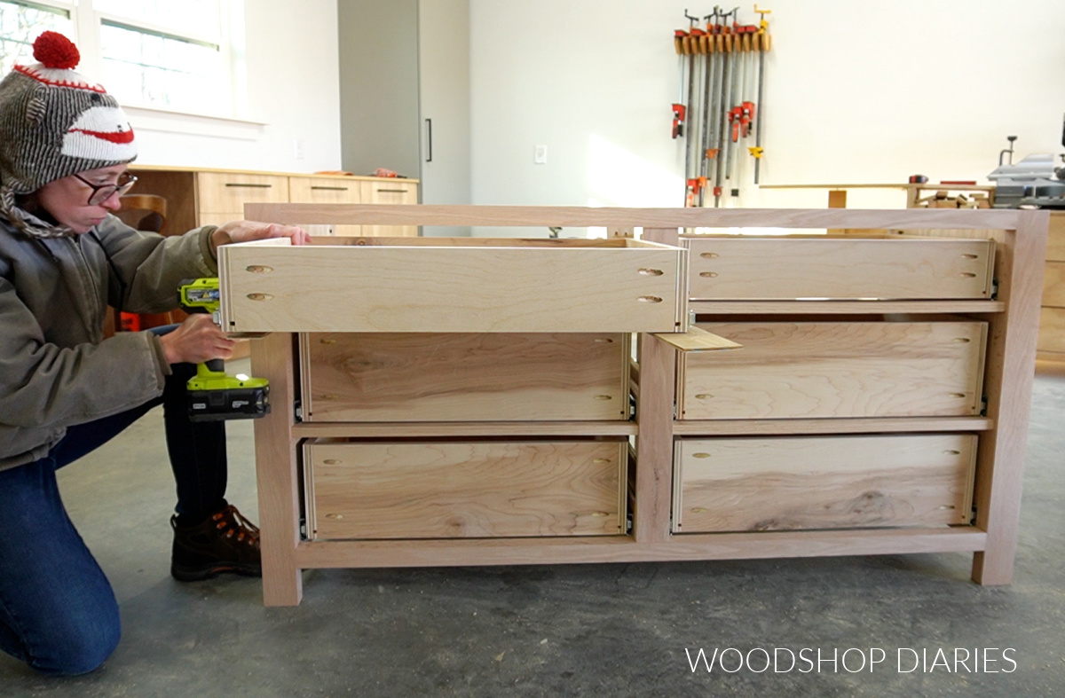 Shara Woodshop Diaries installing top drawer into dresser frame