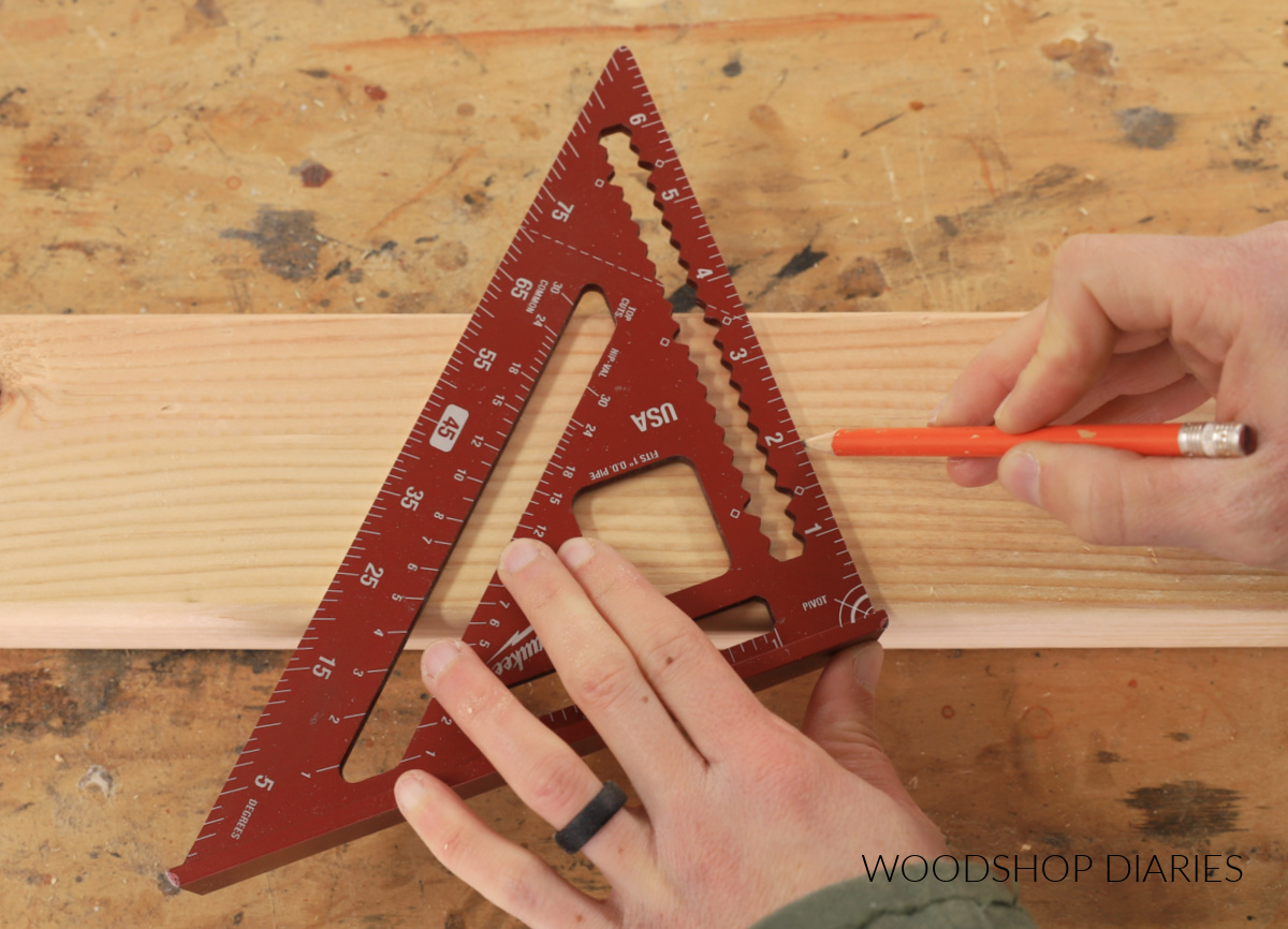 marking 20° line on 2x4 board with pencil