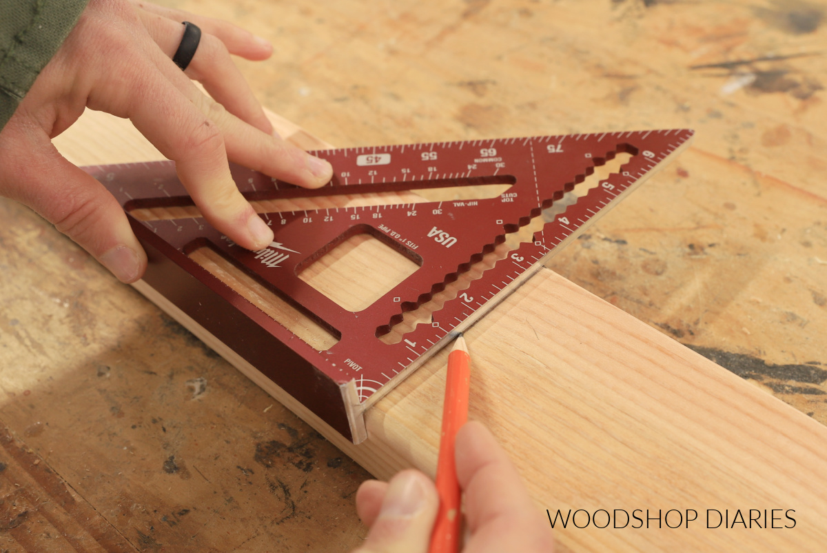 Shara Woodshop Diaries marking 90° line on board with a square