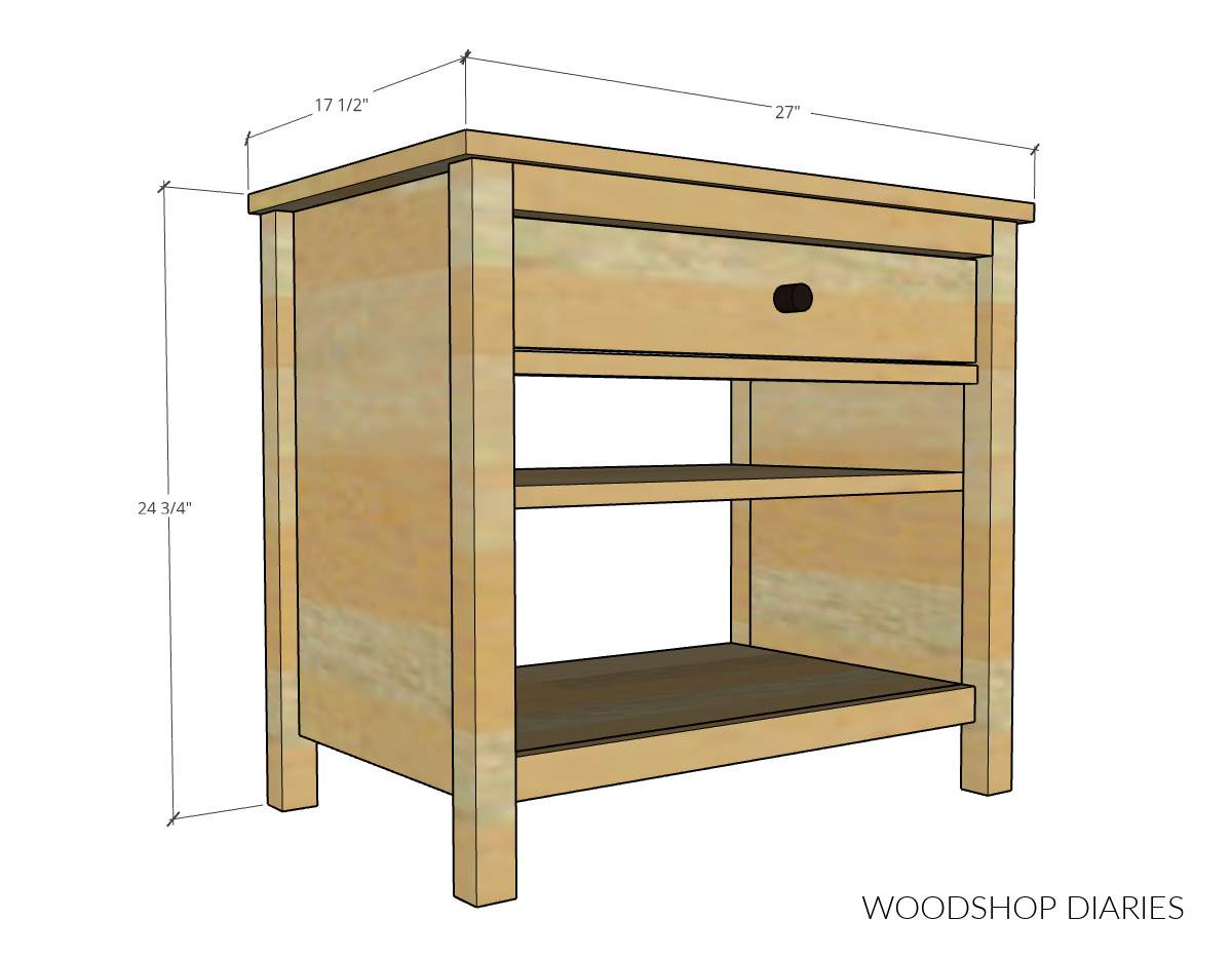 Overall dimensions of DIY modern nightstand design with drawer and two shelves