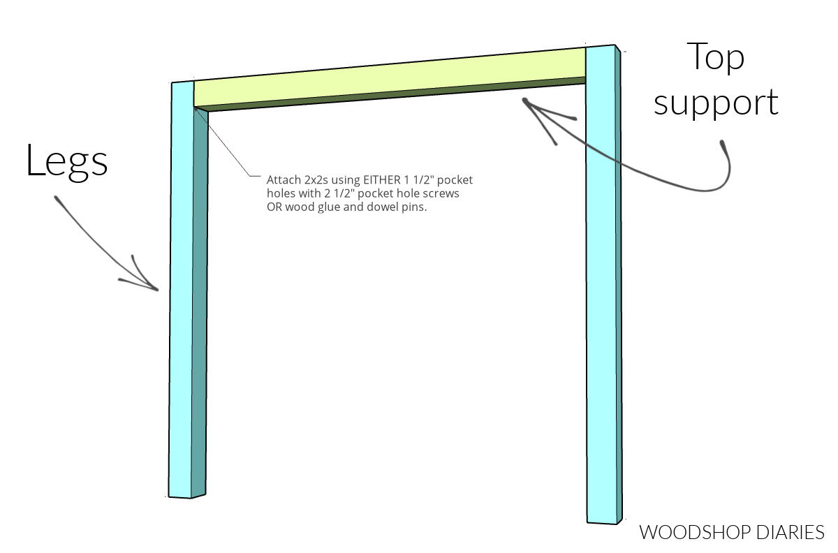 Computer drawn diagram of front and back nightstand frames