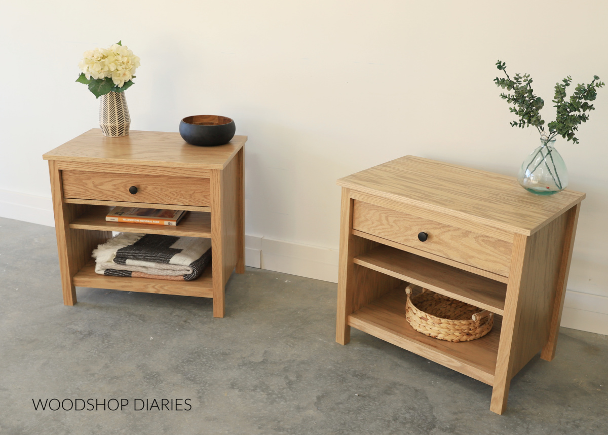 Pair of matching modern DIY nightstands with drawer in top and shelves on bottom--built from red oak lumber