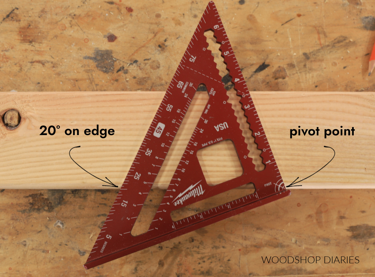 Speed square on board pivoted to 20 degrees