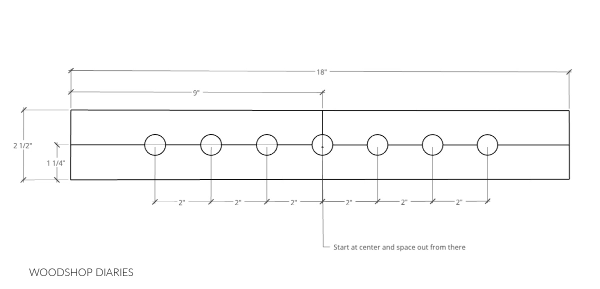 Diagram showing dimensions of spacing for drying rack dowels