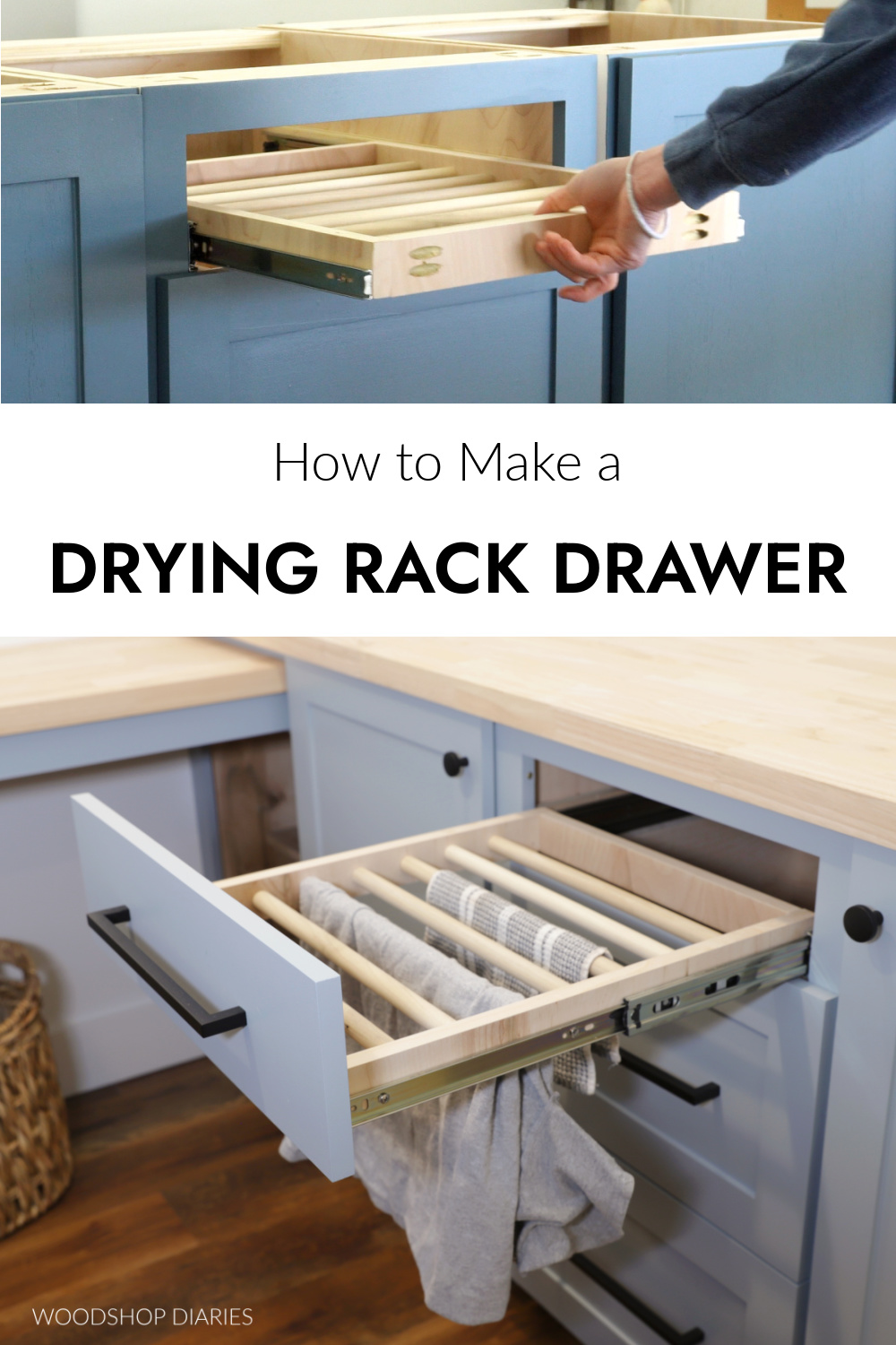 Pinterest collage image showing drying rack drawer sliding into cabinet at top and completed rack on bottom in laundry room