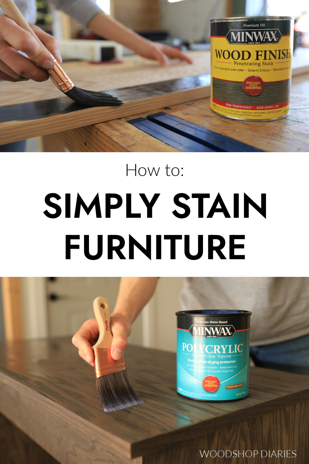 Pinterest collage showing close up of staining plywood on top and applying clear coat to plywood on bottom with text "how to simply stain furniture"