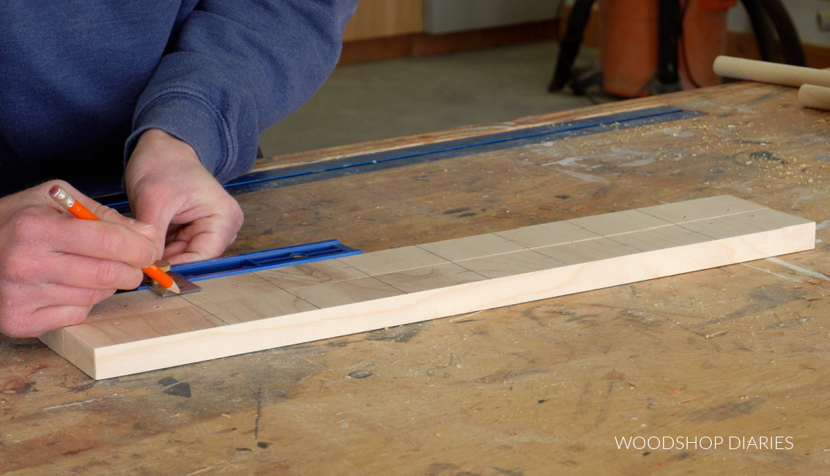 Marking where to drill dowel holes on sides of drying rack using a Kreg Multimark