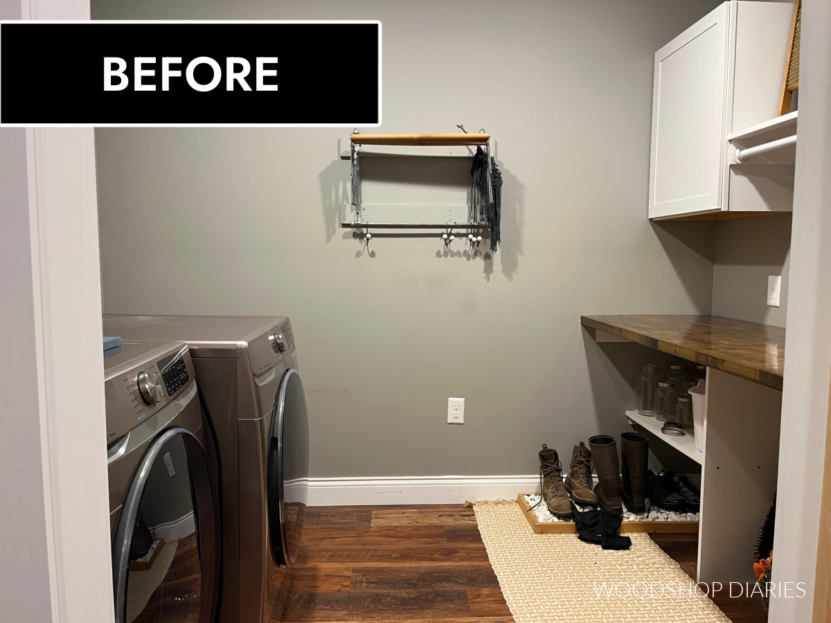 Laundry room before image showing dark room with shelving on right side