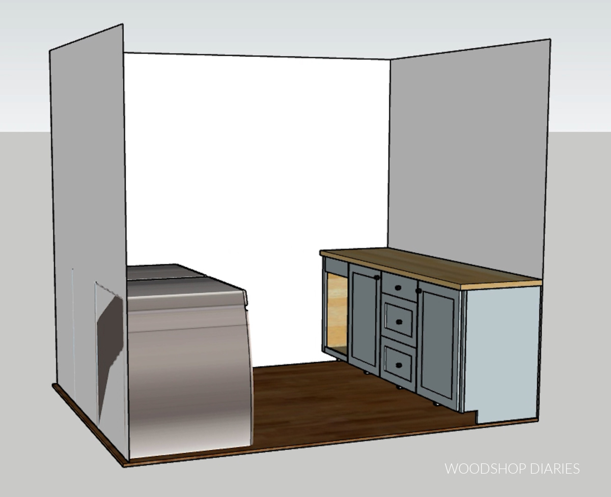 Diagram showing laundry room cabinets installed on right wall across from washer and dryer