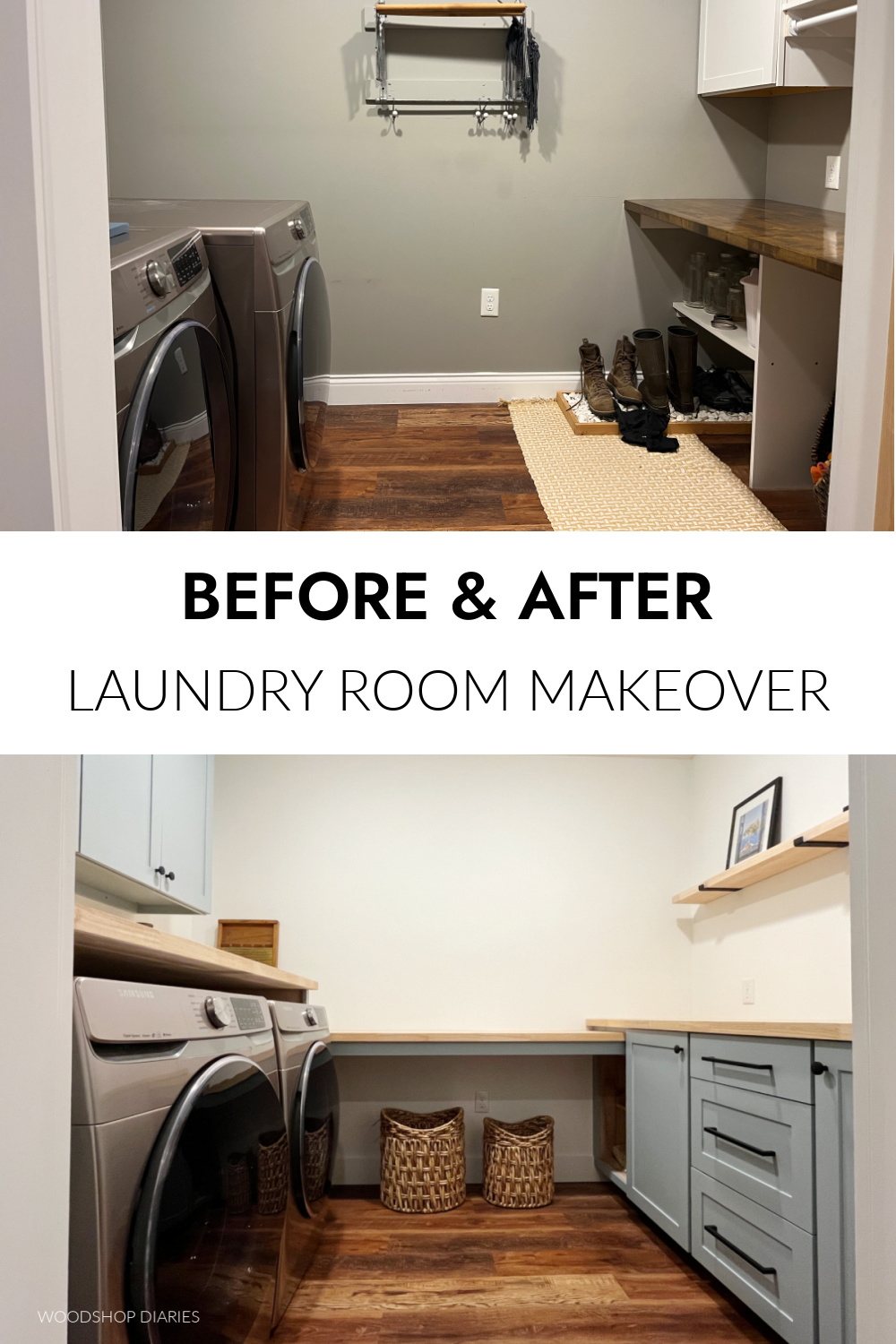 Pinterest collage image showing before laundry room at top and after laundry room remodel with built in cabinets at bottom 