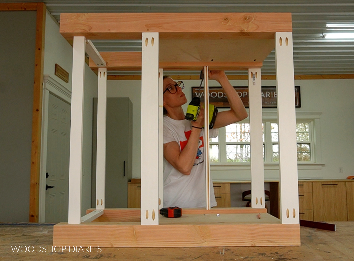 Shara Woodshop Diaries assembling framing for small bathroom vanity on workbench with pocket holes and screws