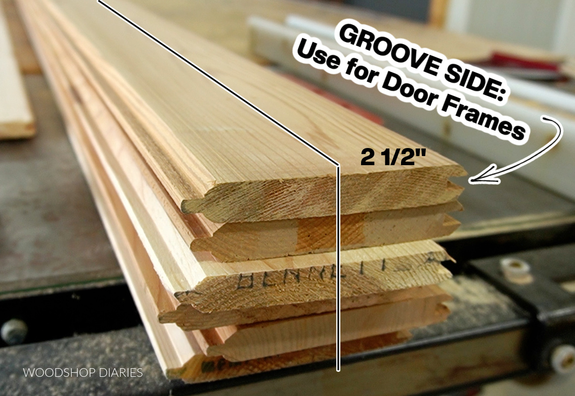 Close up of tongue and groove lumber with a line drawn down middle and text "groove side: use for door frames"