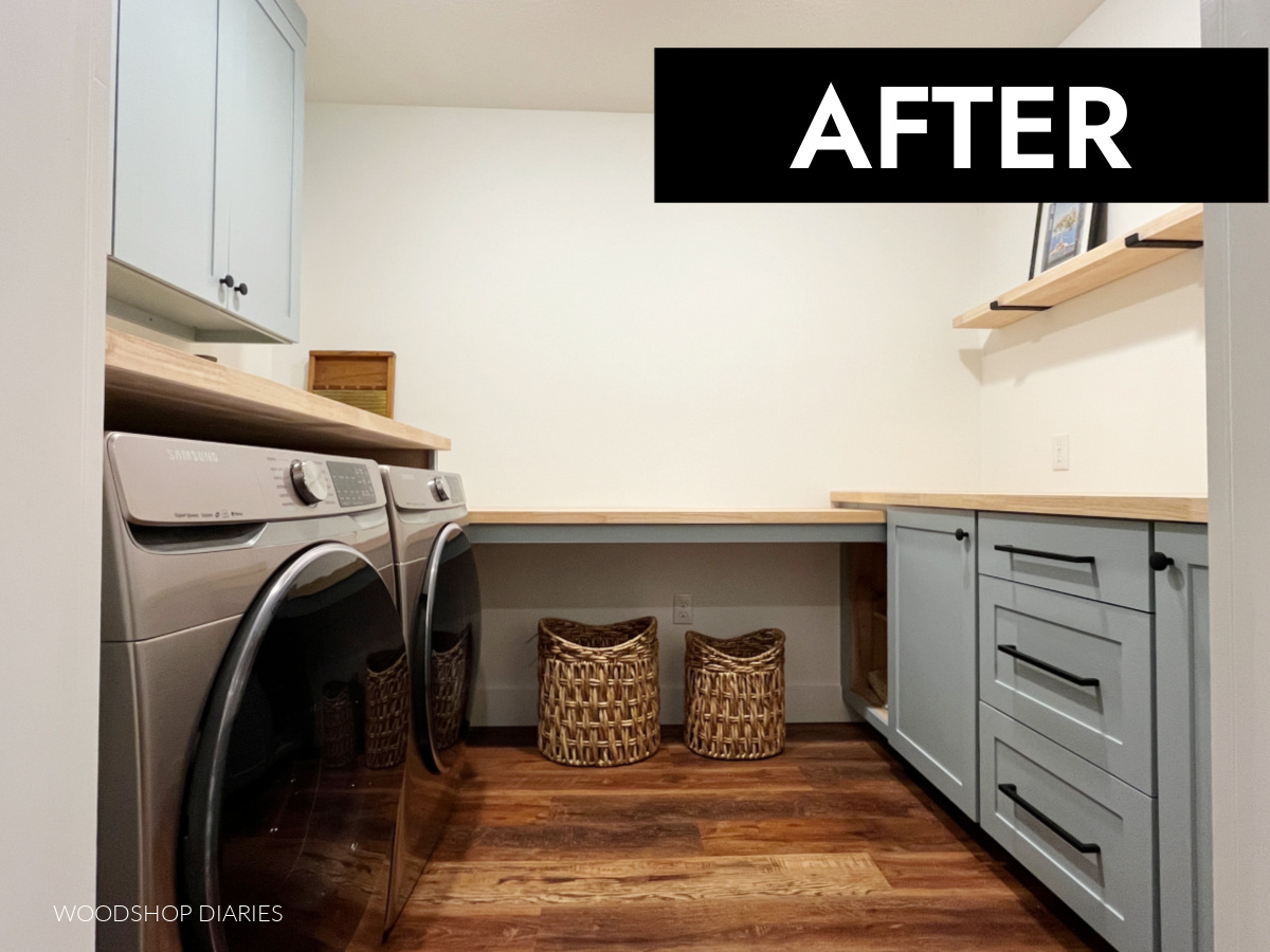 Laundry room after image showing white walls with blue cabinets and wood countertops throughout 