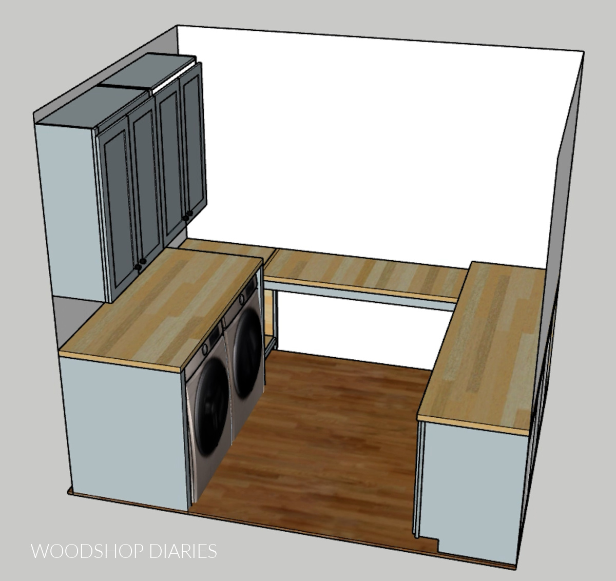 Laundry room diagram showing room complete with countertops on three sides and cabinets on wall above washer and dryer