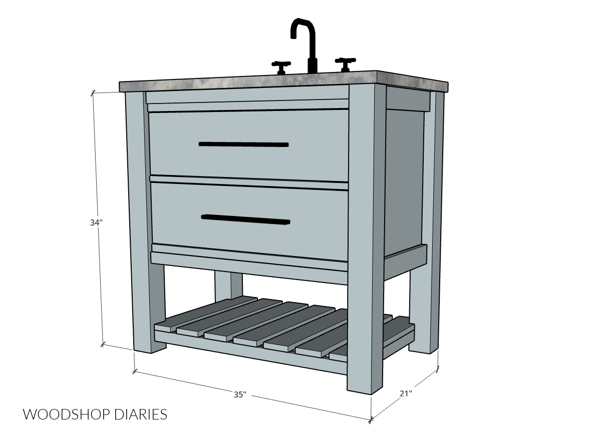 Overall dimensional diagram of single sink bathroom vanity