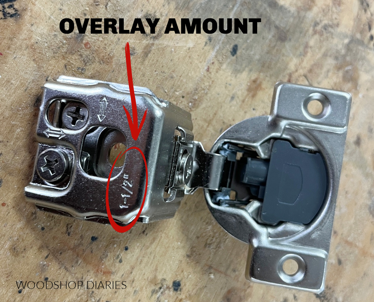 Close up of overlay hinge with overlay amount noted on the mounting plate