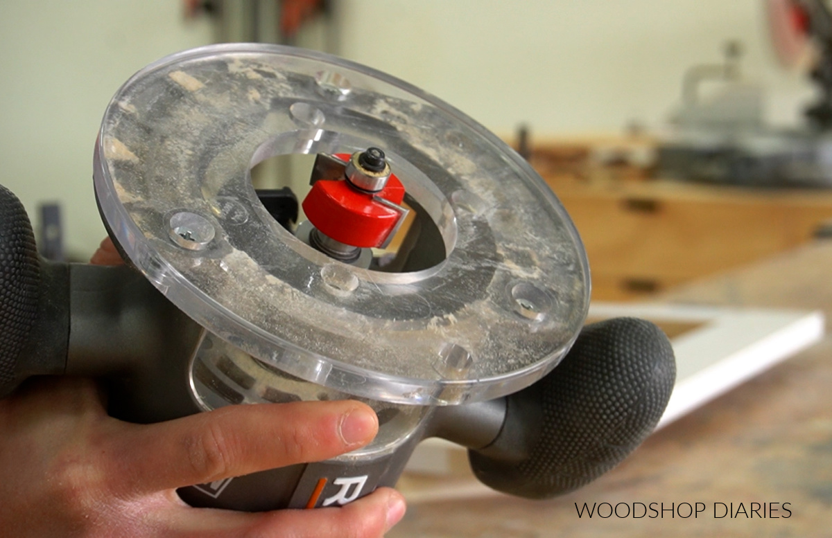 Close up of rabbeting bit installed in router