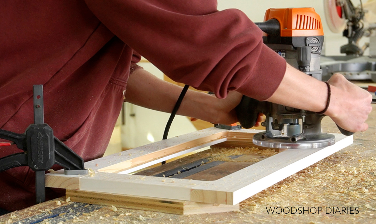 Shara Woodshop Diaries routing rabbet along inside of back of cabinet door frame