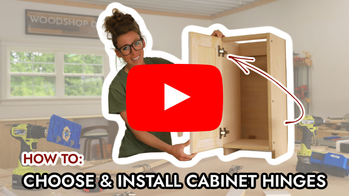 Youtube thumbnail image of Shara Woodshop Diaries with small cabinet and text "how to choose and install cabinet hinges"