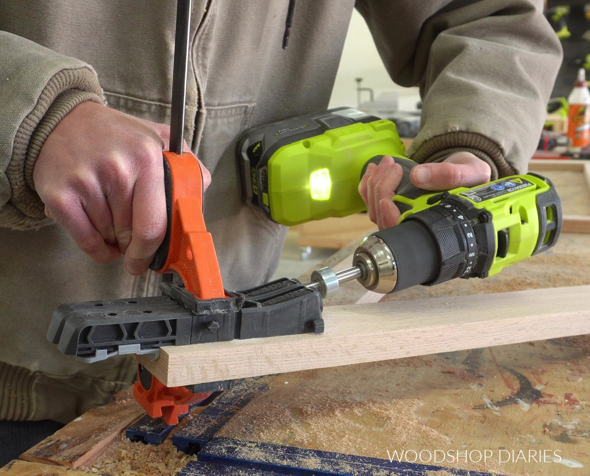Shara Woodshop Diaries drilling pocket holes with Kreg Micro Jig