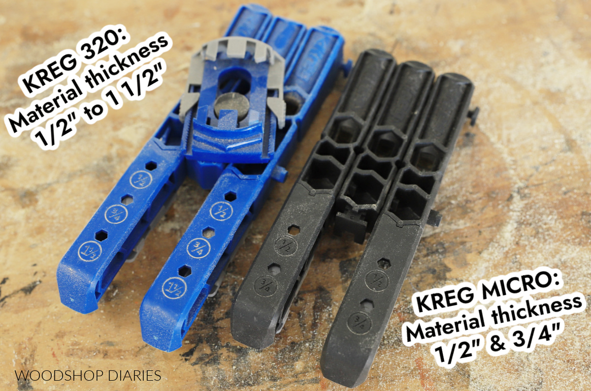 Kreg 320 pocket hole jig sitting on workbench next to Kreg Micro pocket hole jig