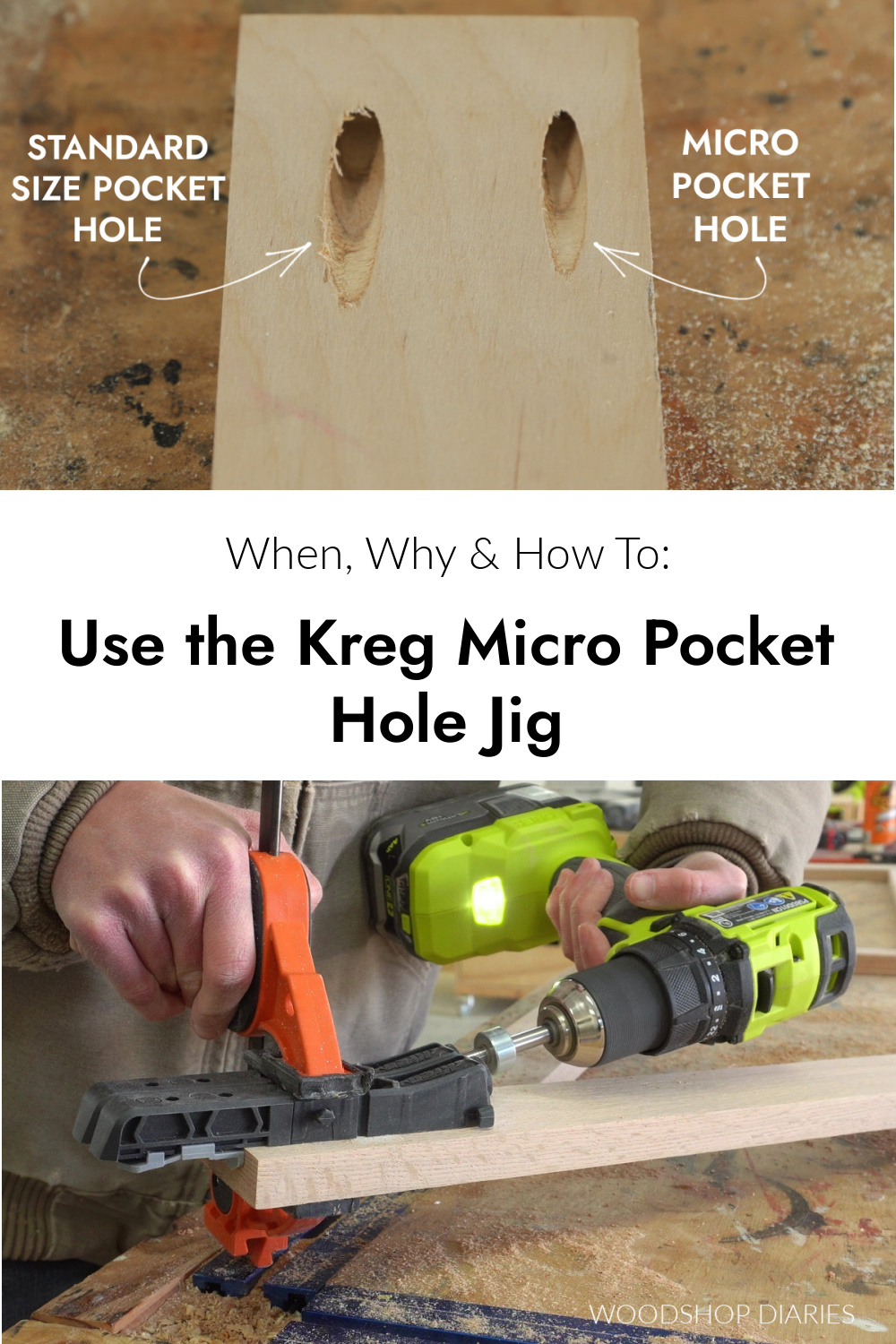 Pinterest collage image showing different size pocket holes at top and Shara Woodshop Diaries drilling pocket holes at bottom with text "when, why, and how to use the Kreg Micro Pocket Hole Jig"