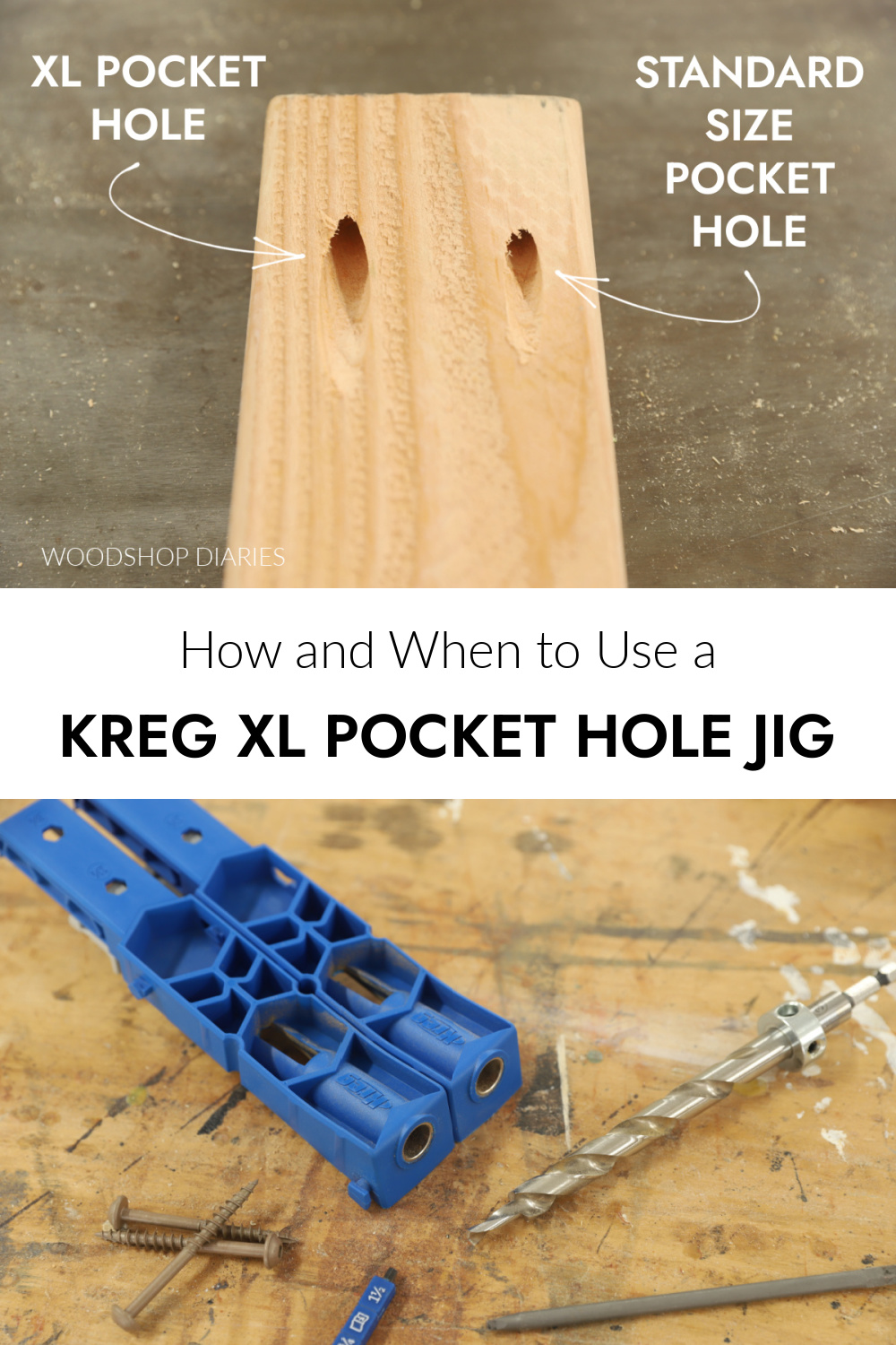 Pinterest collage image showing XL and standard size pocket hole size comparison at top and driving pocket hole screws through 4x4 on bottom with text "how and when to use a Kreg XL pocket hole jig"