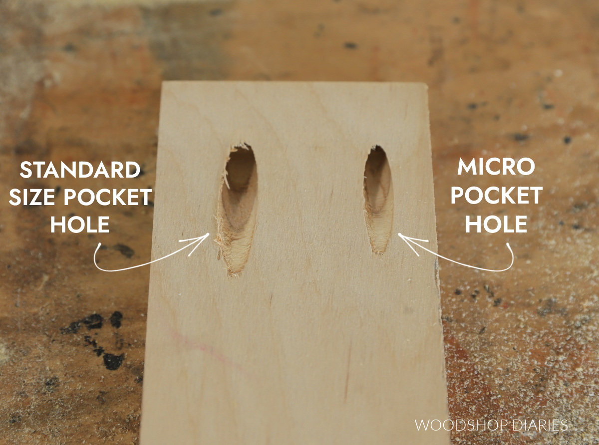 Plywood board with standard side pocket hole drilled on left side and micro pocket hole drilled on right side